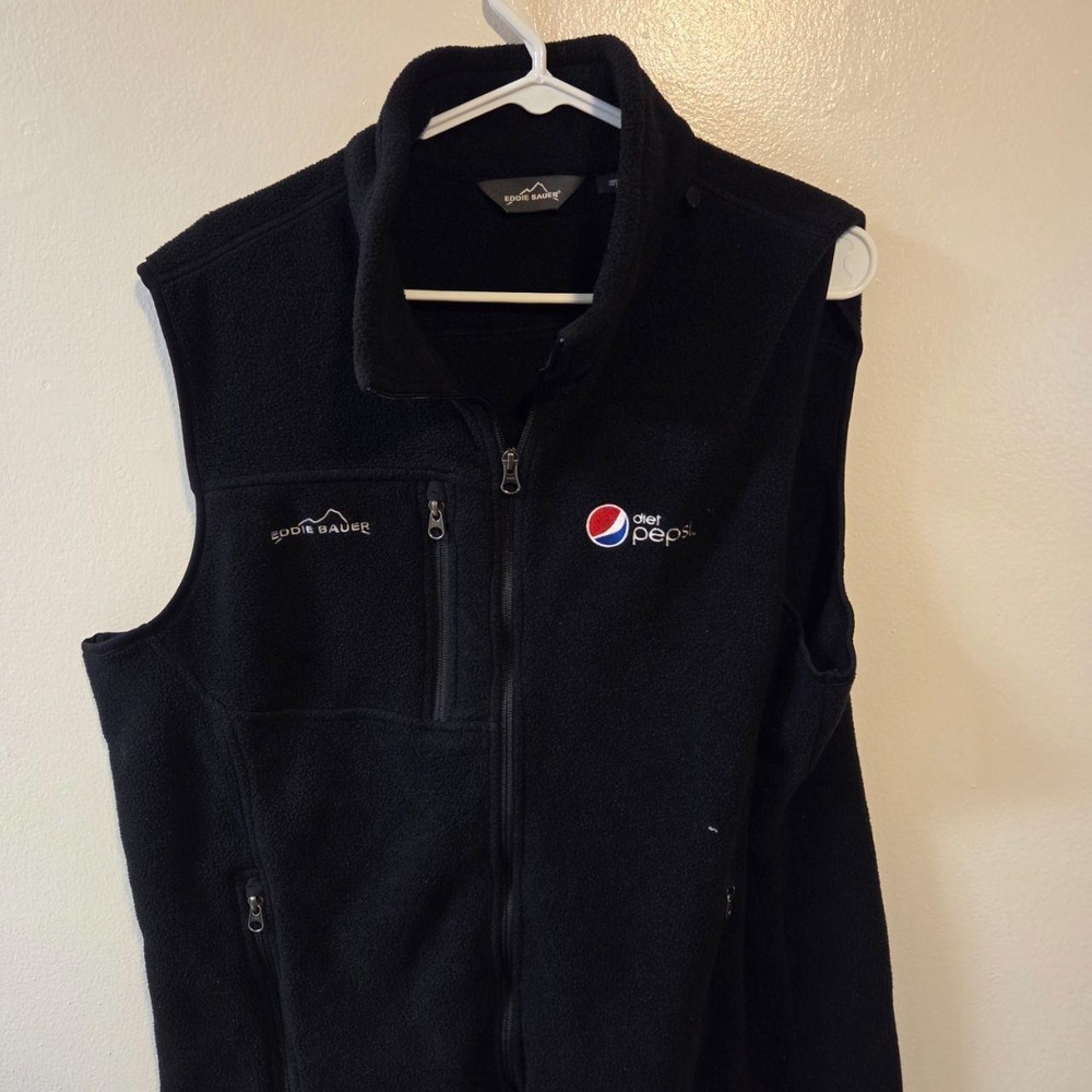 Eddie Bauer Mens XL Black Fleece Vest Diet Pepsi Logo Full Zip Outdoor Gorpcore
